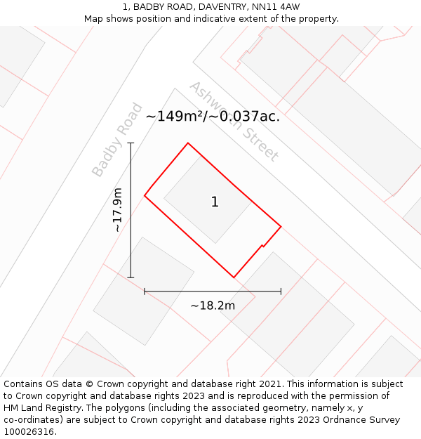 1, BADBY ROAD, DAVENTRY, NN11 4AW: Plot and title map