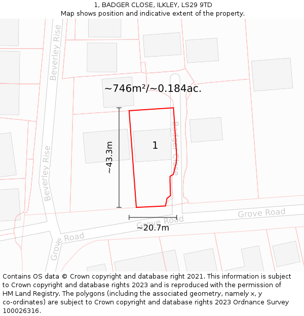 1, BADGER CLOSE, ILKLEY, LS29 9TD: Plot and title map