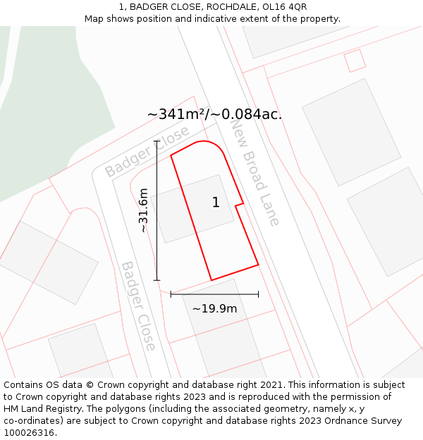1, BADGER CLOSE, ROCHDALE, OL16 4QR: Plot and title map