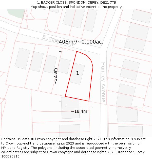 1, BADGER CLOSE, SPONDON, DERBY, DE21 7TB: Plot and title map