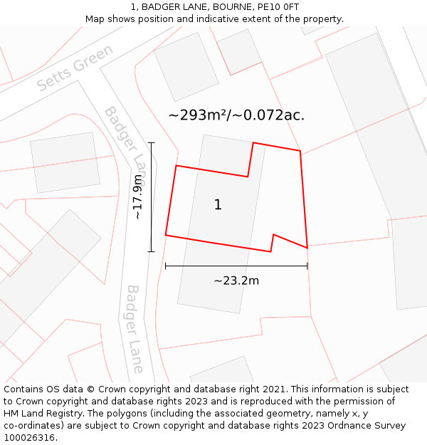 1, BADGER LANE, BOURNE, PE10 0FT: Plot and title map