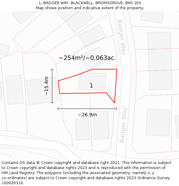 1, BADGER WAY, BLACKWELL, BROMSGROVE, B60 1EX: Plot and title map
