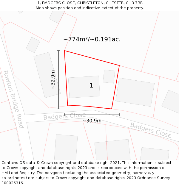 1, BADGERS CLOSE, CHRISTLETON, CHESTER, CH3 7BR: Plot and title map