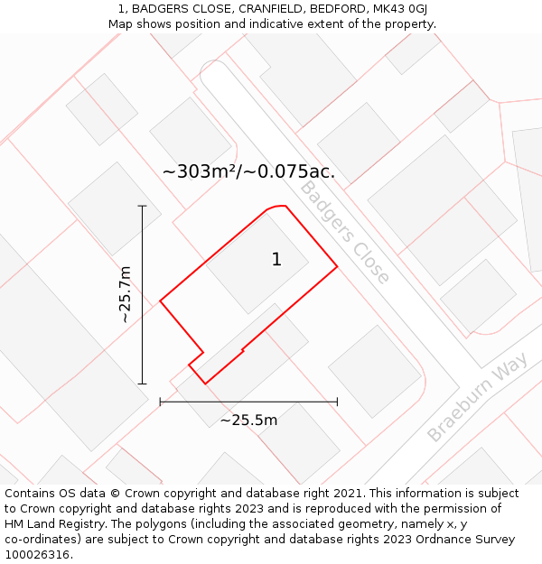1, BADGERS CLOSE, CRANFIELD, BEDFORD, MK43 0GJ: Plot and title map