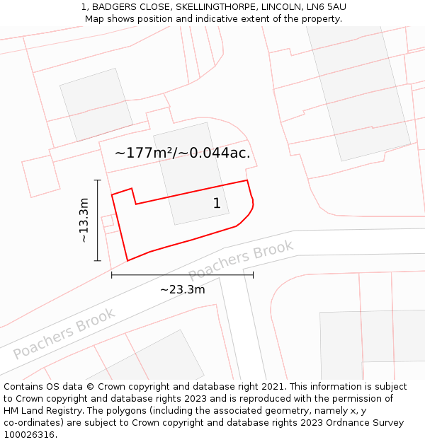 1, BADGERS CLOSE, SKELLINGTHORPE, LINCOLN, LN6 5AU: Plot and title map