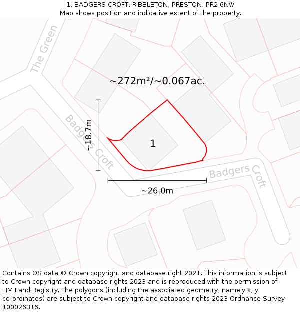 1, BADGERS CROFT, RIBBLETON, PRESTON, PR2 6NW: Plot and title map