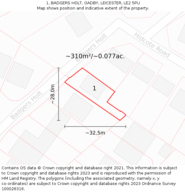 1, BADGERS HOLT, OADBY, LEICESTER, LE2 5PU: Plot and title map