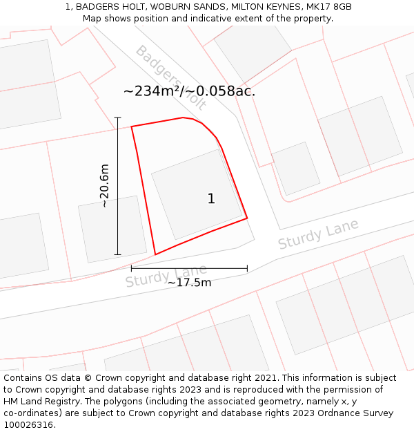 1, BADGERS HOLT, WOBURN SANDS, MILTON KEYNES, MK17 8GB: Plot and title map