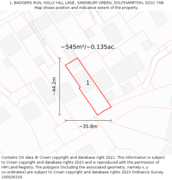 1, BADGERS RUN, HOLLY HILL LANE, SARISBURY GREEN, SOUTHAMPTON, SO31 7AB: Plot and title map