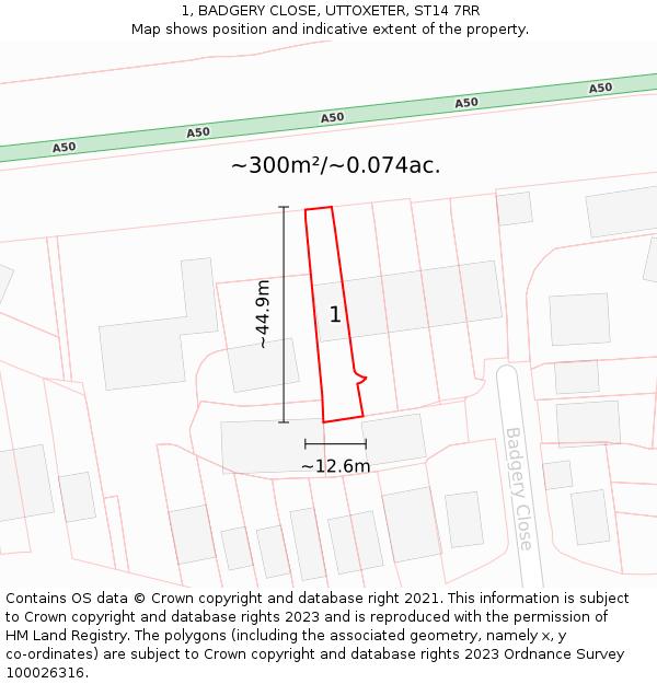 1, BADGERY CLOSE, UTTOXETER, ST14 7RR: Plot and title map