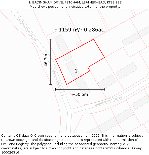 1, BADINGHAM DRIVE, FETCHAM, LEATHERHEAD, KT22 9ES: Plot and title map