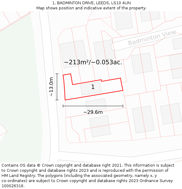 1, BADMINTON DRIVE, LEEDS, LS10 4UN: Plot and title map
