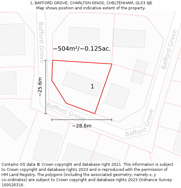 1, BAFFORD GROVE, CHARLTON KINGS, CHELTENHAM, GL53 9JE: Plot and title map