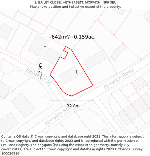1, BAILEY CLOSE, HETHERSETT, NORWICH, NR9 3EU: Plot and title map