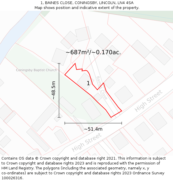 1, BAINES CLOSE, CONINGSBY, LINCOLN, LN4 4SA: Plot and title map
