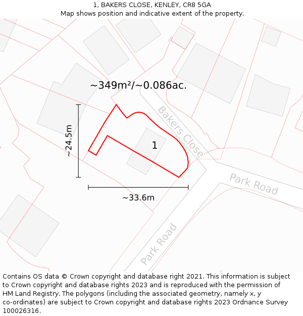 1, BAKERS CLOSE, KENLEY, CR8 5GA: Plot and title map