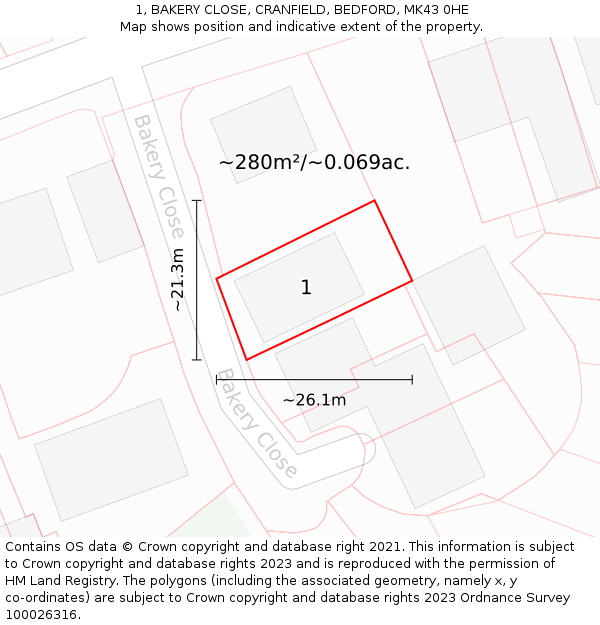 1, BAKERY CLOSE, CRANFIELD, BEDFORD, MK43 0HE: Plot and title map