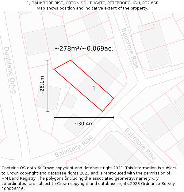 1, BALINTORE RISE, ORTON SOUTHGATE, PETERBOROUGH, PE2 6SP: Plot and title map