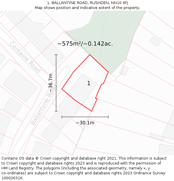 1, BALLANTYNE ROAD, RUSHDEN, NN10 9FJ: Plot and title map