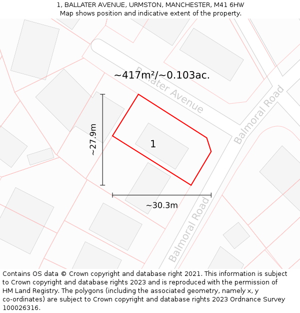 1, BALLATER AVENUE, URMSTON, MANCHESTER, M41 6HW: Plot and title map