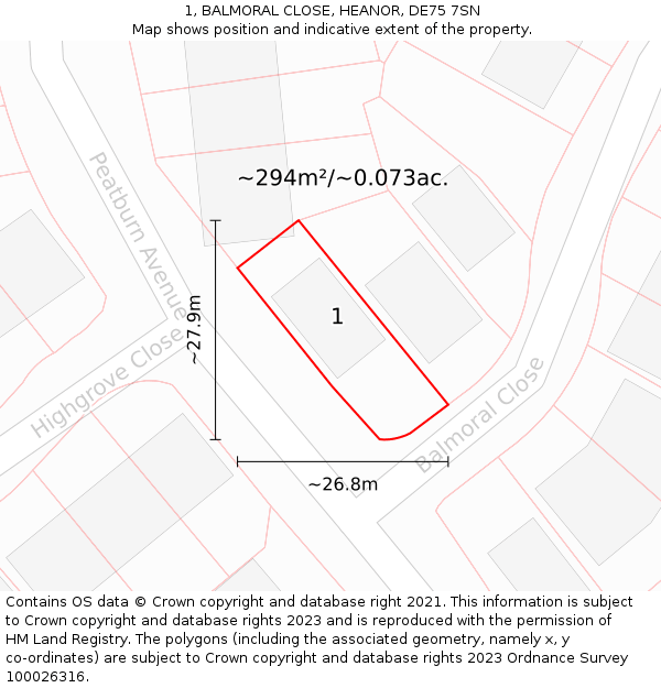 1, BALMORAL CLOSE, HEANOR, DE75 7SN: Plot and title map