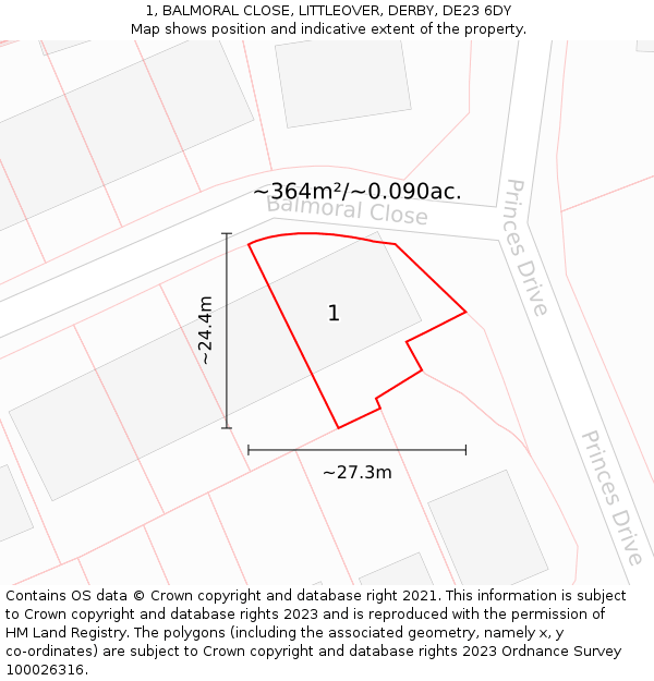 1, BALMORAL CLOSE, LITTLEOVER, DERBY, DE23 6DY: Plot and title map