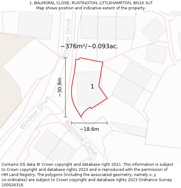 1, BALMORAL CLOSE, RUSTINGTON, LITTLEHAMPTON, BN16 3UT: Plot and title map