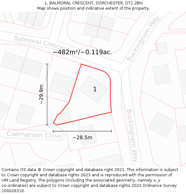 1, BALMORAL CRESCENT, DORCHESTER, DT1 2BN: Plot and title map