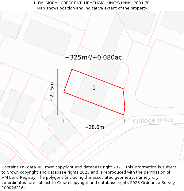 1, BALMORAL CRESCENT, HEACHAM, KING'S LYNN, PE31 7EL: Plot and title map