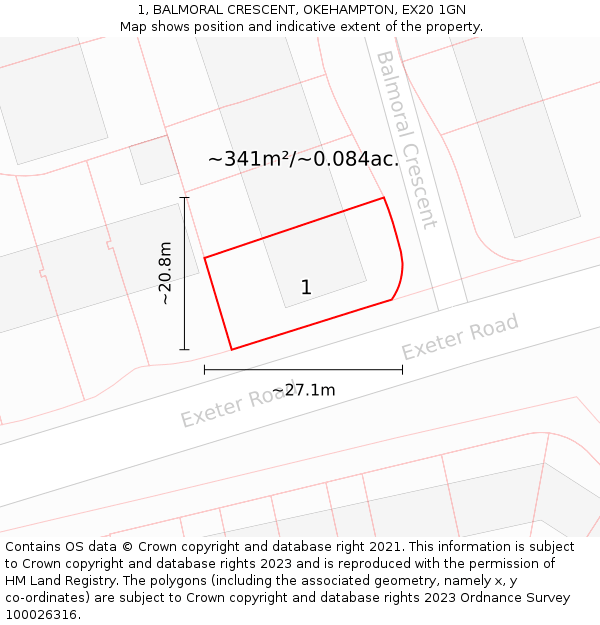 1, BALMORAL CRESCENT, OKEHAMPTON, EX20 1GN: Plot and title map