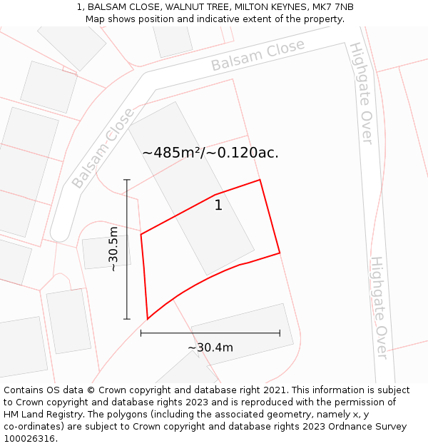 1, BALSAM CLOSE, WALNUT TREE, MILTON KEYNES, MK7 7NB: Plot and title map
