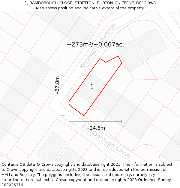 1, BAMBOROUGH CLOSE, STRETTON, BURTON-ON-TRENT, DE13 0WD: Plot and title map