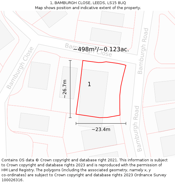 1, BAMBURGH CLOSE, LEEDS, LS15 8UQ: Plot and title map