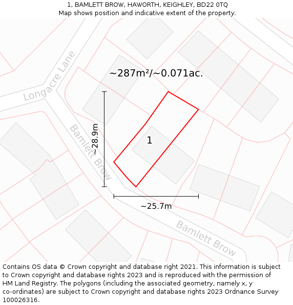 1, BAMLETT BROW, HAWORTH, KEIGHLEY, BD22 0TQ: Plot and title map