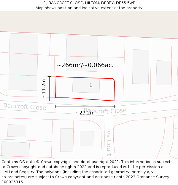 1, BANCROFT CLOSE, HILTON, DERBY, DE65 5WB: Plot and title map