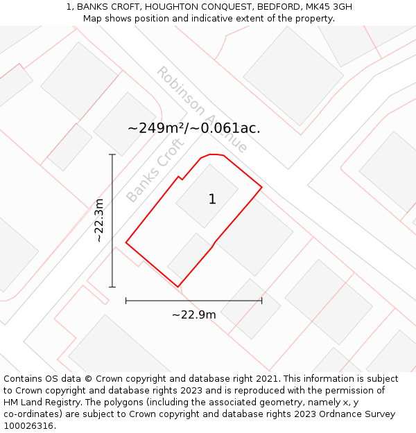 1, BANKS CROFT, HOUGHTON CONQUEST, BEDFORD, MK45 3GH: Plot and title map