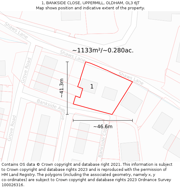 1, BANKSIDE CLOSE, UPPERMILL, OLDHAM, OL3 6JT: Plot and title map