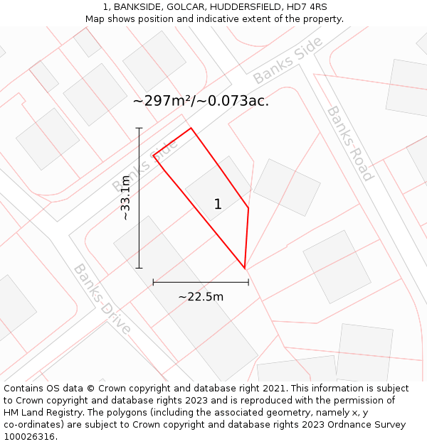 1, BANKSIDE, GOLCAR, HUDDERSFIELD, HD7 4RS: Plot and title map