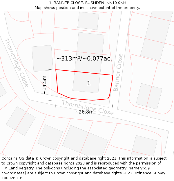 1, BANNER CLOSE, RUSHDEN, NN10 9NH: Plot and title map