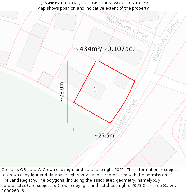 1, BANNISTER DRIVE, HUTTON, BRENTWOOD, CM13 1YX: Plot and title map
