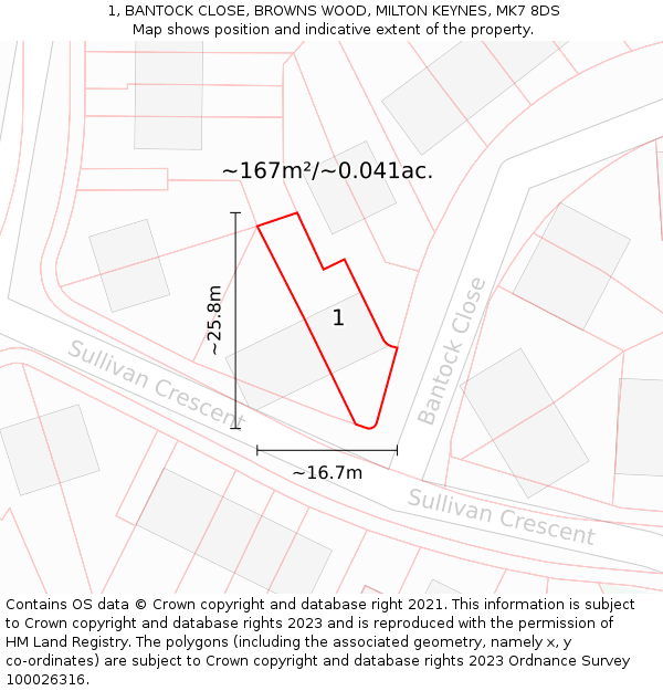 1, BANTOCK CLOSE, BROWNS WOOD, MILTON KEYNES, MK7 8DS: Plot and title map