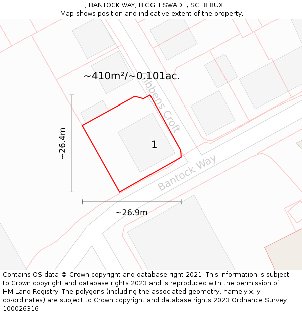 1, BANTOCK WAY, BIGGLESWADE, SG18 8UX: Plot and title map
