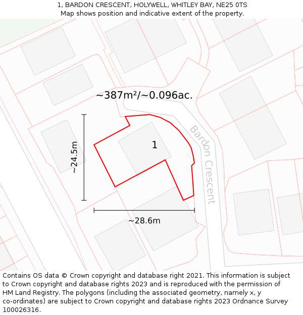 1, BARDON CRESCENT, HOLYWELL, WHITLEY BAY, NE25 0TS: Plot and title map