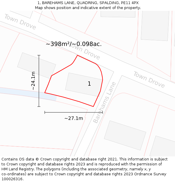 1, BAREHAMS LANE, QUADRING, SPALDING, PE11 4PX: Plot and title map