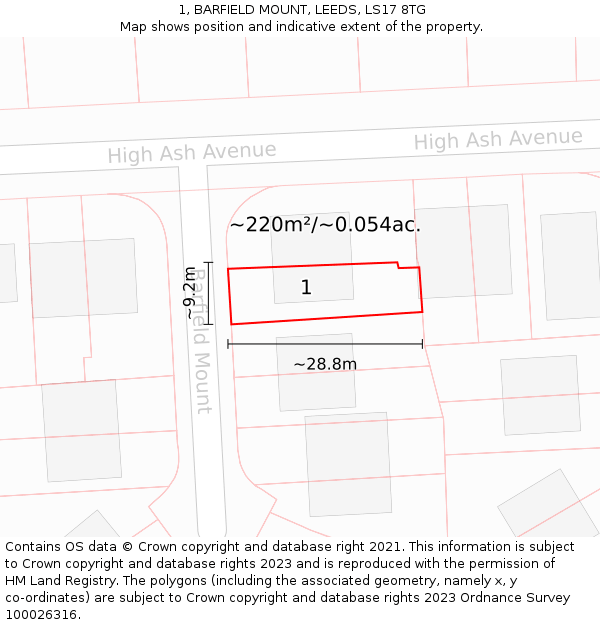 1, BARFIELD MOUNT, LEEDS, LS17 8TG: Plot and title map