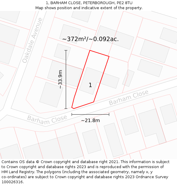 1, BARHAM CLOSE, PETERBOROUGH, PE2 8TU: Plot and title map