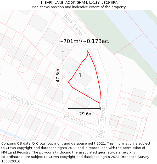 1, BARK LANE, ADDINGHAM, ILKLEY, LS29 0RA: Plot and title map