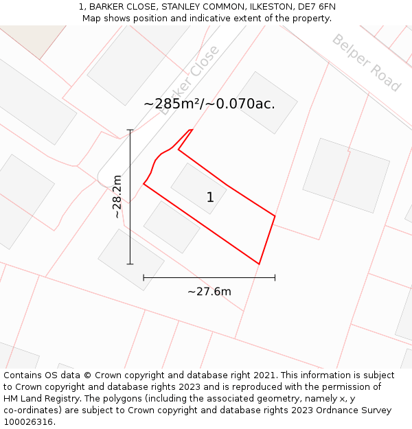 1, BARKER CLOSE, STANLEY COMMON, ILKESTON, DE7 6FN: Plot and title map