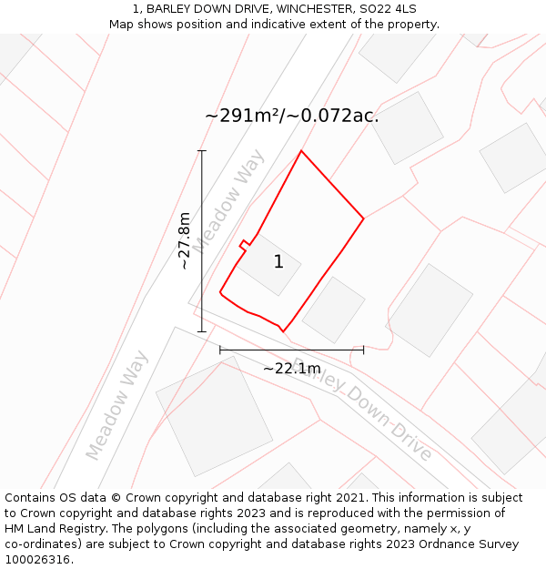 1, BARLEY DOWN DRIVE, WINCHESTER, SO22 4LS: Plot and title map