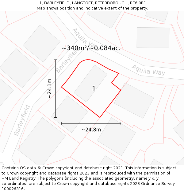 1, BARLEYFIELD, LANGTOFT, PETERBOROUGH, PE6 9RF: Plot and title map